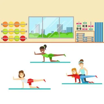 Yoga Class With Trainer Helping And Correcting , Member Of The Fitness Club Stock Illustration