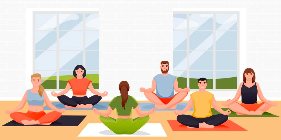 Yoga class vector flat cartoon illustration. People sitting in lotus position Stock Illustration