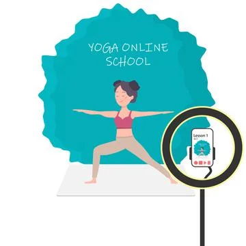 Yoga classes at home online. A cute girl leads a live broadcast of yoga lessons Stock Illustration