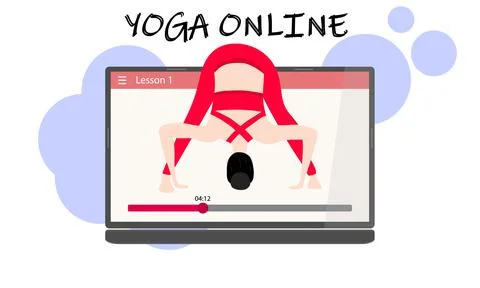 Yoga classes online by video. A pretty Asian girl on a laptop screen shows an Stock Illustration