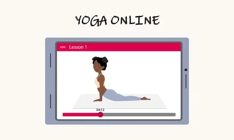 Yoga classes online without leaving home. A pretty African girl shows an asana Stock Illustration