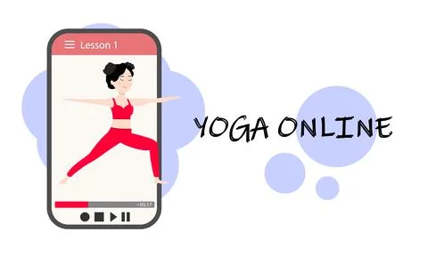 Yoga classes online without leaving home. A pretty Asian girl shows an asana on Stock Illustration