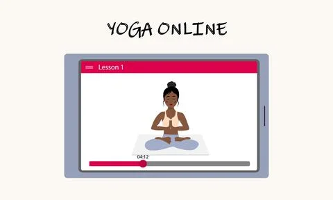 Yoga classes online without leaving home. A pretty African girl shows an asana Stock Illustration