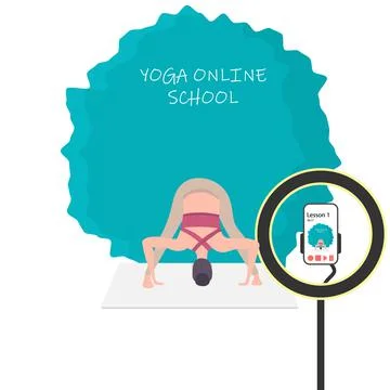 Yoga classes without leaving home. A cute girl leads a live broadcast of yoga Stock Illustration
