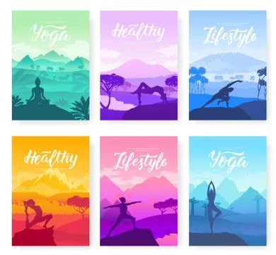 Yoga exercise on the top of the mountains surrounded by nature. Healthy Stock Illustration