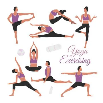 Yoga Exercise Training Poses Flat Color Vector Set Stock Illustration