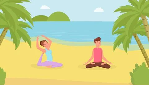 Yoga exercises flat vector illustration. Man and woman doing yoga on beach Stock Illustration