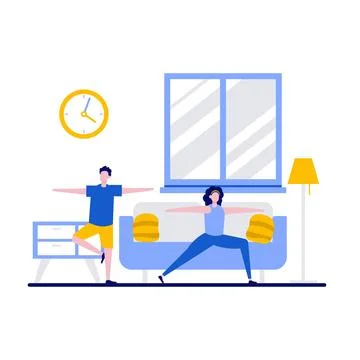 Yoga family classes concept with character. Couple doing fitness and health.. Stock Illustration