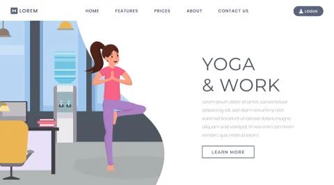 Yoga flat landing page vector template. Keeping fit, relaxing, training body at Stock Illustration