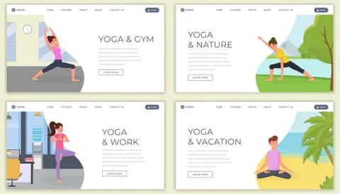 Yoga flat landing page vector template set. Yoga classes on nature website Stock Illustration