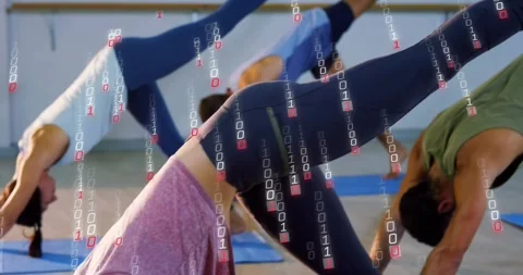 Yoga group lifting right leg into 3-legged dog, generating fitness binary Stock Footage 317835165