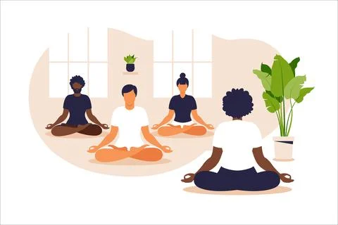 Yoga group. Position balance and stretching. People sitting together in the l Stock-Illustration