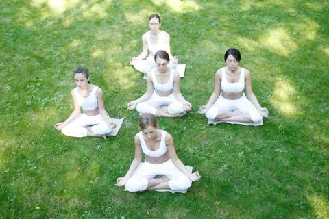 Yoga group training at park Stock Photos