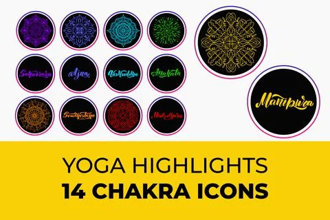 Yoga highlight covers 14 chakra icons set. Vector illustration Stock Illustration