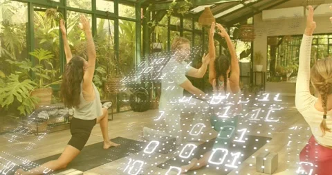 Yoga instructor correcting student posture pressing hands on torso projecting Stock Footage 317329868