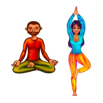 Yoga instructor man siting in lotus asana and woman isolated on white backgra Stock Illustration