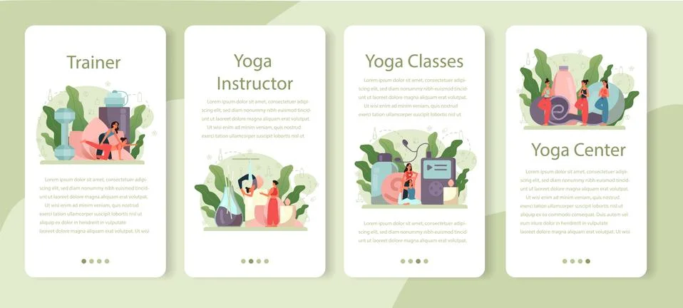 Yoga instructor mobile application banner set. Asana or exercise Ilustración de archivo