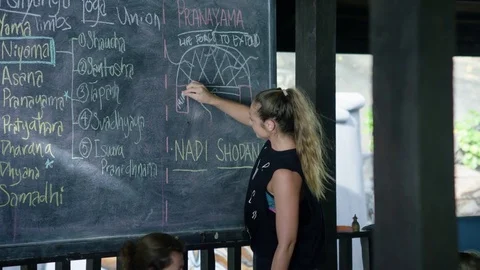 Yoga instructor teaching yoga on blackboard in yoga classes Stock Footage 75291507