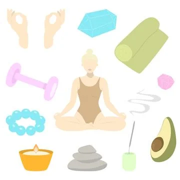 Yoga items vector set. Flat yoga elements set with woman in lotus pose, mat Illustrazione stock