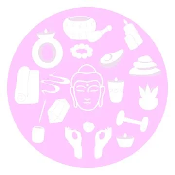 Yoga items vector set. Flat yoga elements set candles, mat, rocks, avocado Stock Illustration