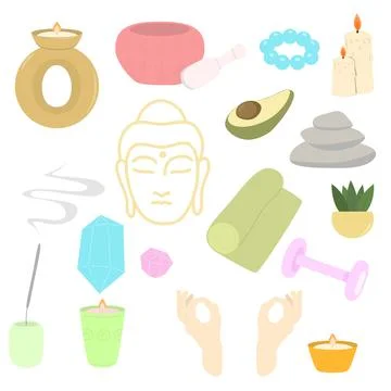 Yoga items vector set. Flat yoga elements set candles, mat, rocks, avocado Stock Illustration