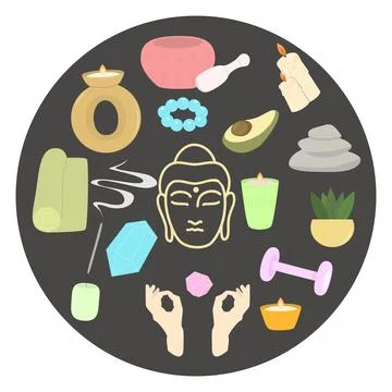 Yoga items vector set. Flat yoga elements set candles, mat, rocks, avocado Illustrazione stock