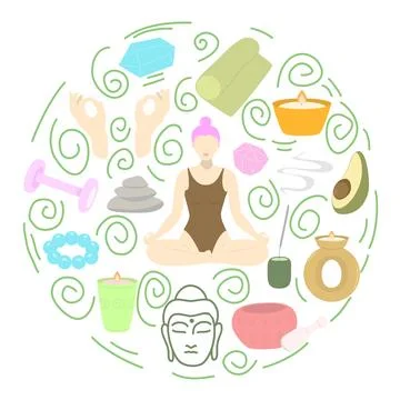 Yoga items vector set. Flat yoga elements set with woman in lotus pose, mat Illustrazione stock