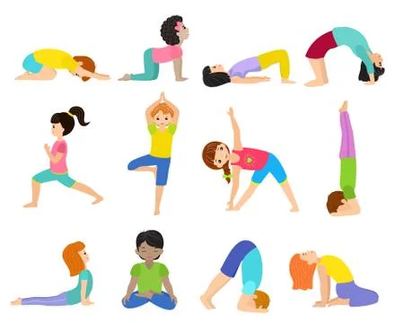 Yoga kids vector young child yogi character training sport exercise illustration Stock Illustration