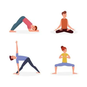 Yoga lesson flat vector illustration set. People doing yoga asanas men and woman Stock Illustration