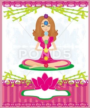 Yoga lotus pose. padmasana with colored chakra points. Stock Illustration