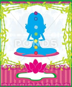 Yoga lotus pose. padmasana with colored chakra points. Stock Illustration