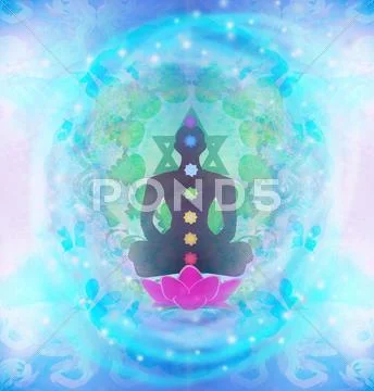 Yoga lotus pose. padmasana with colored chakra points. Stock Illustration