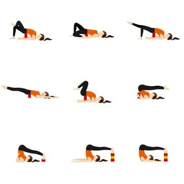 Yoga lying backbend asanas set with blocks Stock Illustration