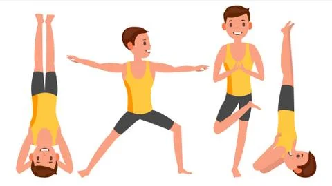 Yoga Man Poses Set Male Vector. Yoga Figures, Silhouettes. Different Positions Stock Illustration