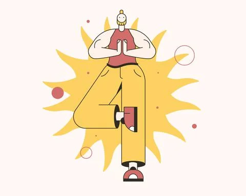 Yoga. man stands tree pose. holds balance. 스톡 일러스트
