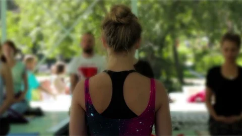 Yoga master class. Group meditation in the open air in the shade. Teacher's back Video stock 73273095