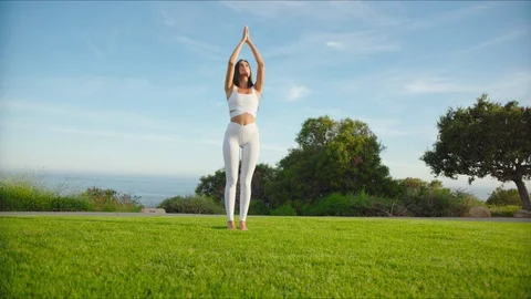 Yoga master doing yoga session at park with view on an ocean Stock Footage 129998539