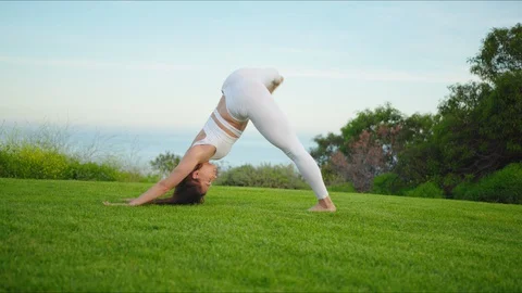 Yoga master doing yoga session at park with view on an ocean Stock Footage 129998922
