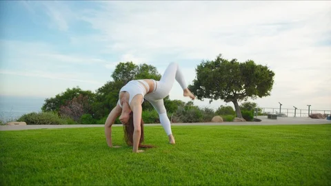 Yoga master doing yoga session at park with view on an ocean Stock Footage 129999035