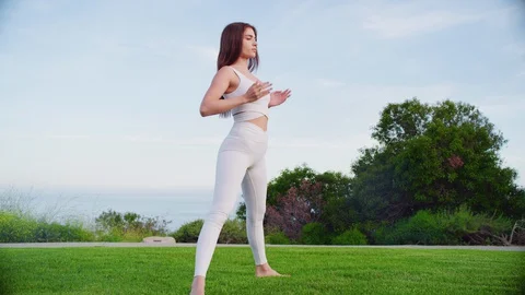 Yoga master doing yoga session at park with view on an ocean Video stock 130044715