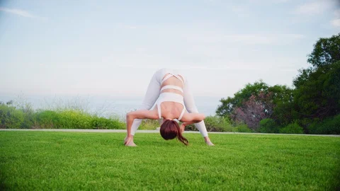 Yoga master doing yoga session at park with view on an ocean Video stock 130049024