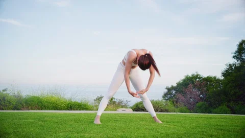 Yoga master doing yoga session at park with view on an ocean Video stock 130049052