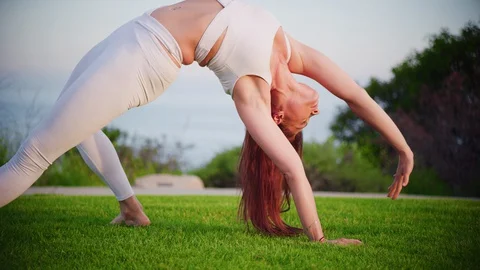 Yoga master doing yoga session at park with view on an ocean Video stock 130049283