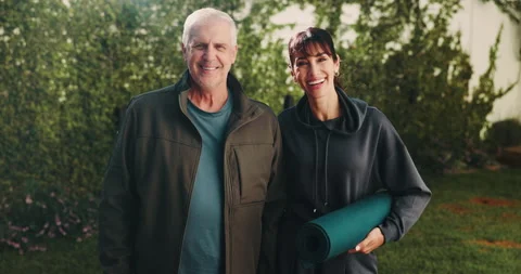 Yoga mat, face and instructor with senior man outdoor for exercise, wellness and Stock Footage 338188520