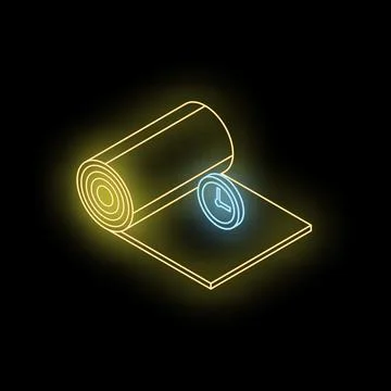 Yoga mat rolling with clock showing time to exercise in neon light Stock Illustration