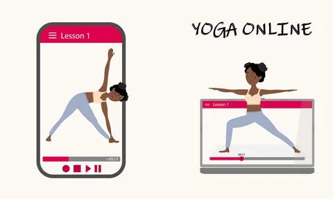 Yoga online, safely, without leaving home. A pretty African girl shows an asana Stock Illustration