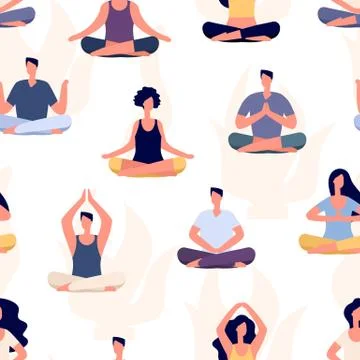 Yoga pattern. Meditation people vector seamless texture. Flat men and women yoga 스톡 일러스트