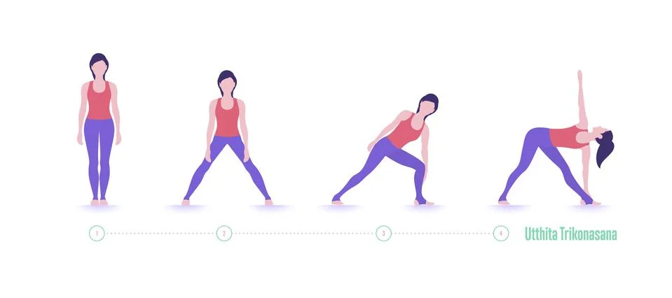 Yoga pose. Extended Triangle Pose-Utthita Trikonasana. Exercise step by step Stock Illustration