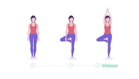 Yoga pose. Vrikshasana. Tree pose - exercise step by step. Vector Stock Illustration