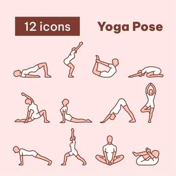 Yoga poses, Basic yoga pose icon set, filled outline icons Stock Illustration